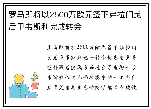 罗马即将以2500万欧元签下弗拉门戈后卫韦斯利完成转会